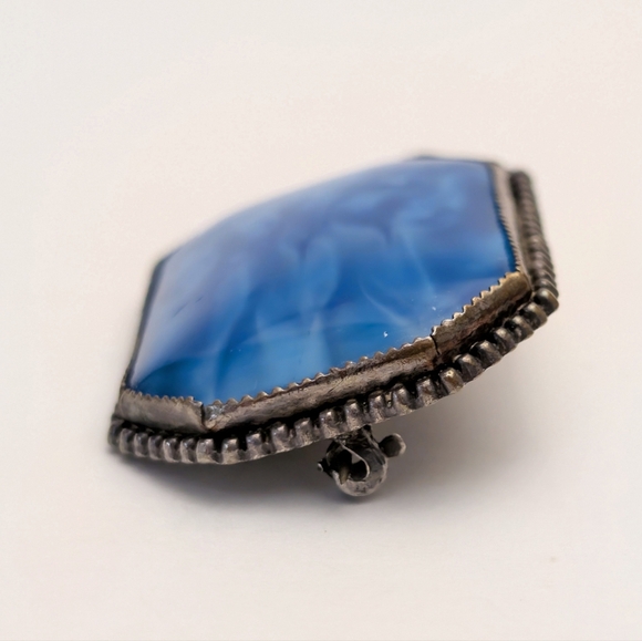 Vintage Marbled Blue Art Glass Cabochon Brooch Simple Silver Tone Setting Czech? - Picture 8 of 13